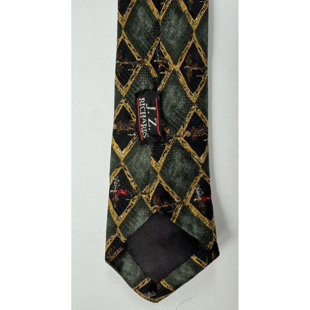 JZ Richards Mens Silk‎ Tie Green Black Diamond Fly Fishing Hand Crafted USA